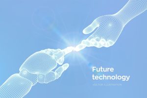 hands robot human touching cyborg finger about touch human finger symbol connection people artificial intelligence science future technology vector illustration 597744 10